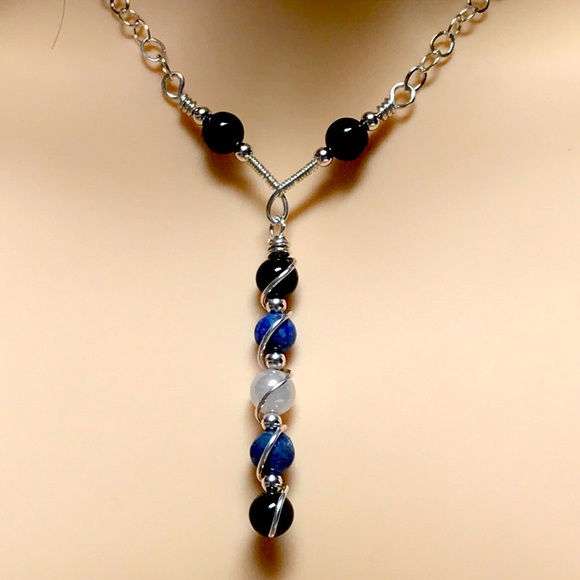 Full Moon Necklace- Moonstone Lapis Lazuli and Onyx Sterling Silver Necklace - Picture 2 of 7